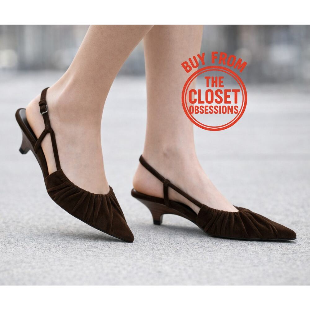 ZARA Velvet Slingback Kitten Heels NWT – Brown Ruched Pointed Toe, Size 7.5